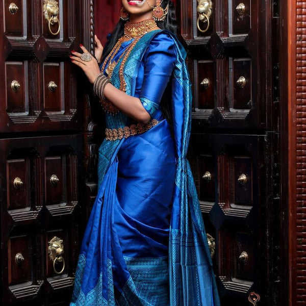 NOZ2TOZ Jacquard Lichi Silk Blue Saree With Unstitched Blouse Piece - Distacart