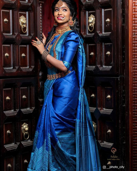 NOZ2TOZ Jacquard Lichi Silk Blue Saree With Unstitched Blouse Piece - Distacart