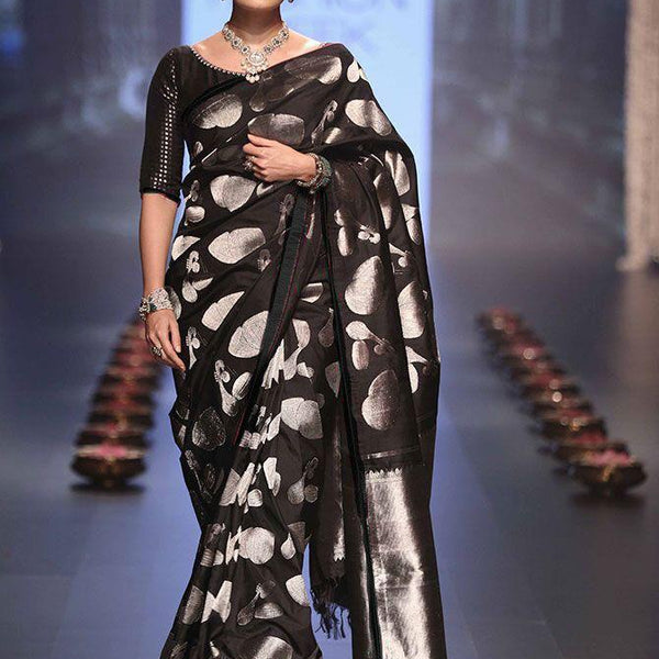 NOZ2TOZ Jacquard Lichi Silk Black Saree With Unstitched Blouse Piece - Distacart