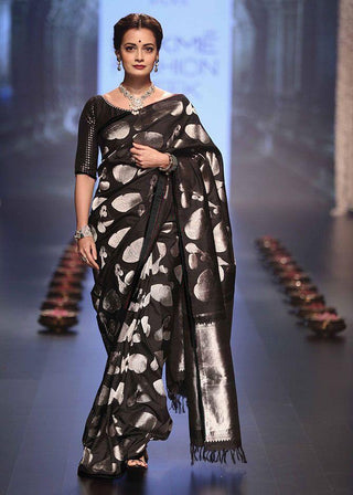 NOZ2TOZ Jacquard Lichi Silk Black Saree With Unstitched Blouse Piece - Distacart