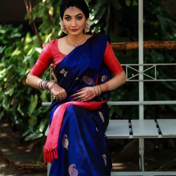 NOZ2TOZ Jacquard Lichi Silk Blue Saree With Unstitched Blouse Piece - Distacart