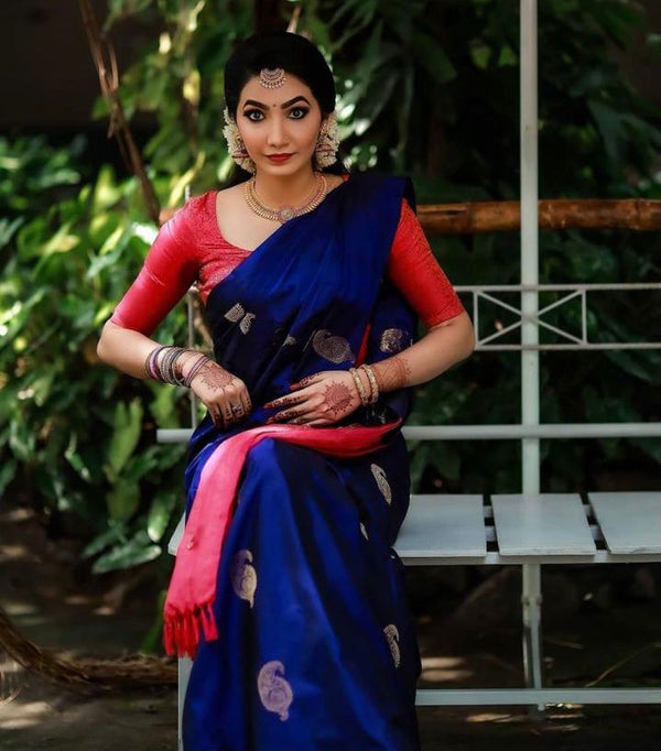 Malishka Jacquard Lichi Silk Blue Saree With Unstitched Blouse Piece - Distacart