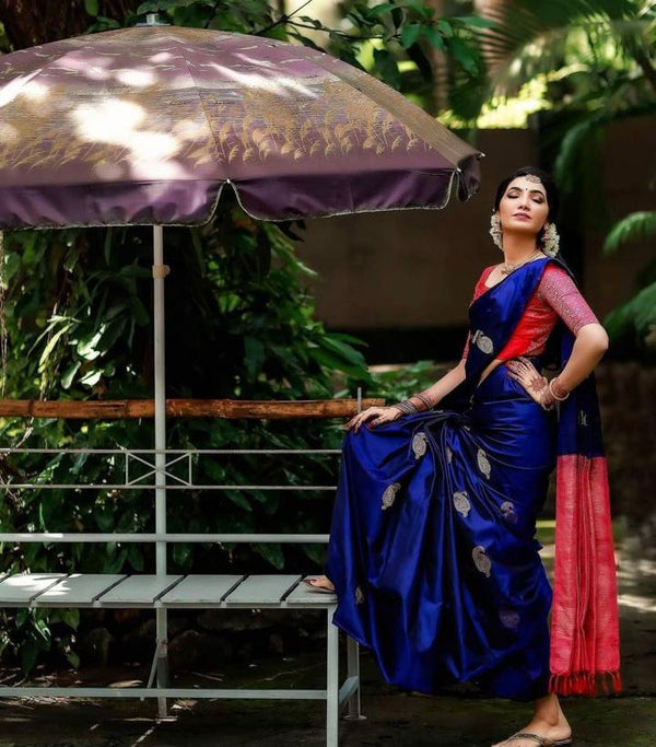 Malishka Jacquard Lichi Silk Blue Saree With Unstitched Blouse Piece - Distacart