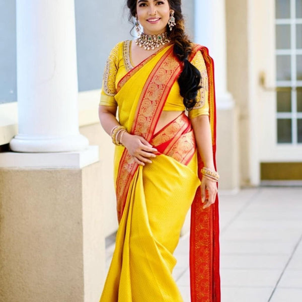 NOZ2TOZ Jacquard Lichi Silk Yellow Saree With Unstitched Blouse Piece - Distacart