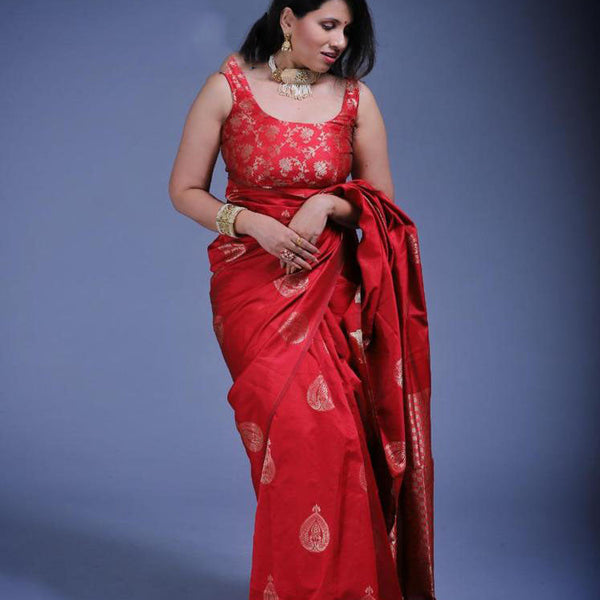 NOZ2TOZ Jacquard Lichi Silk Red Saree With Unstitched Blouse Piece - Distacart