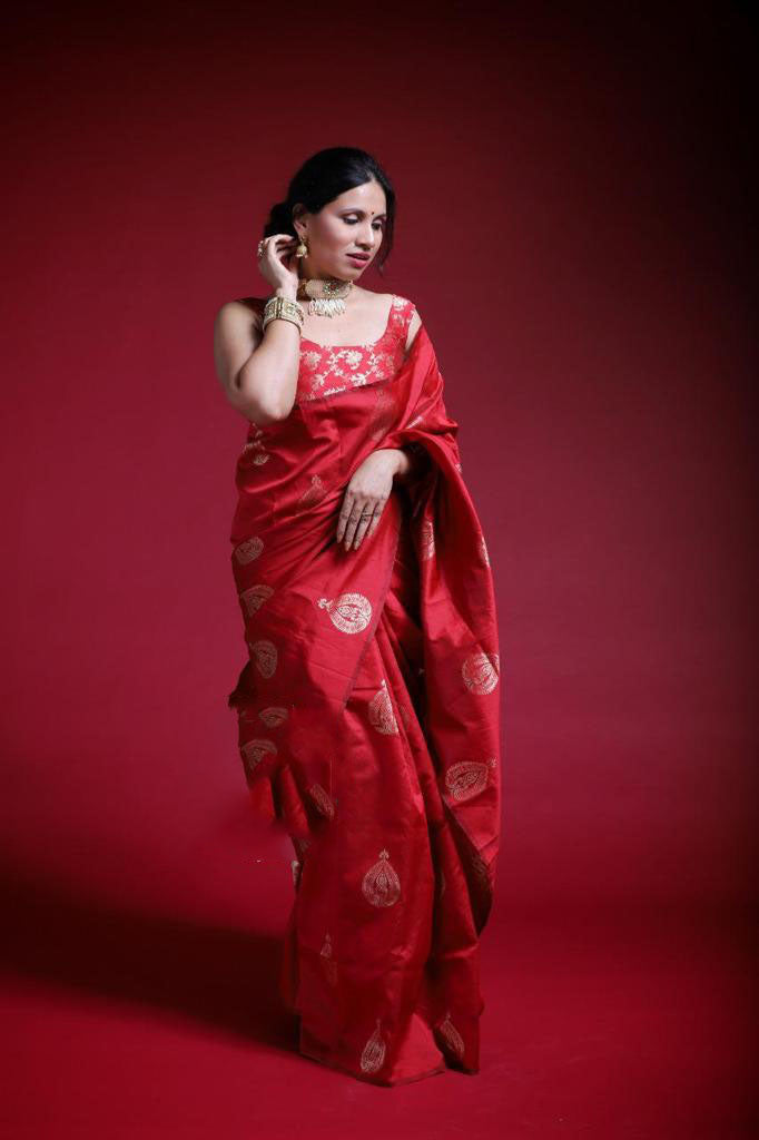 NOZ2TOZ Jacquard Lichi Silk Red Saree With Unstitched Blouse Piece - Distacart