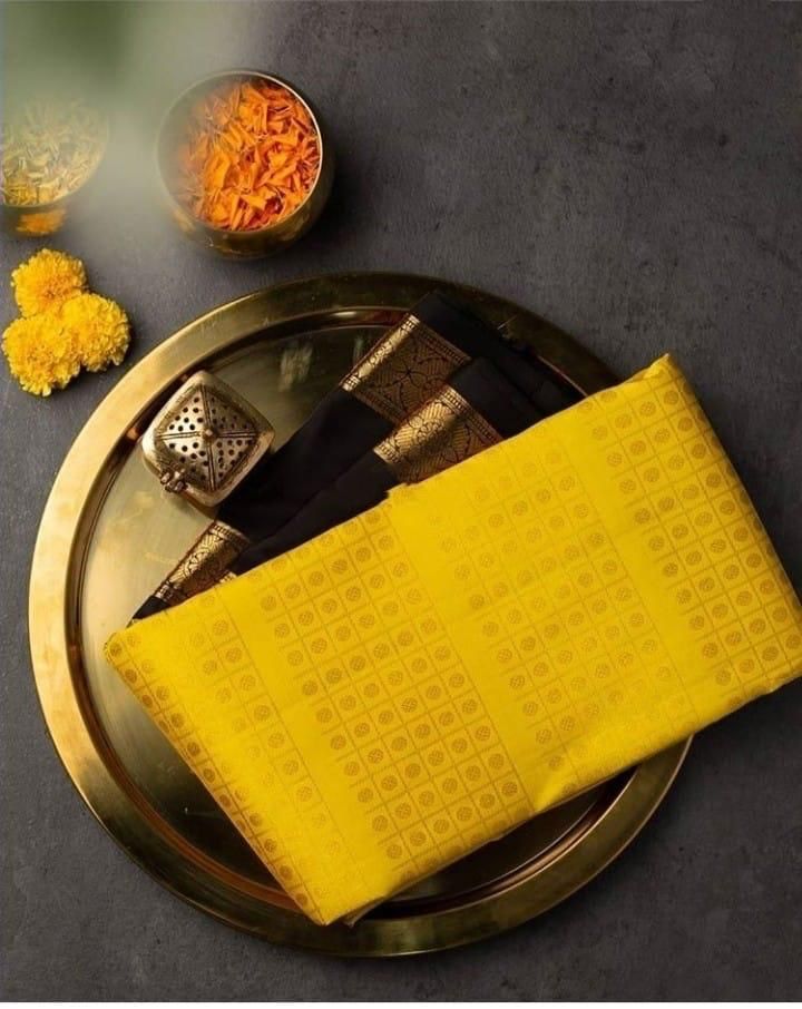NOZ2TOZ Jacquard Lichi Silk Yellow Saree With Unstitched Blouse Piece - Distacart