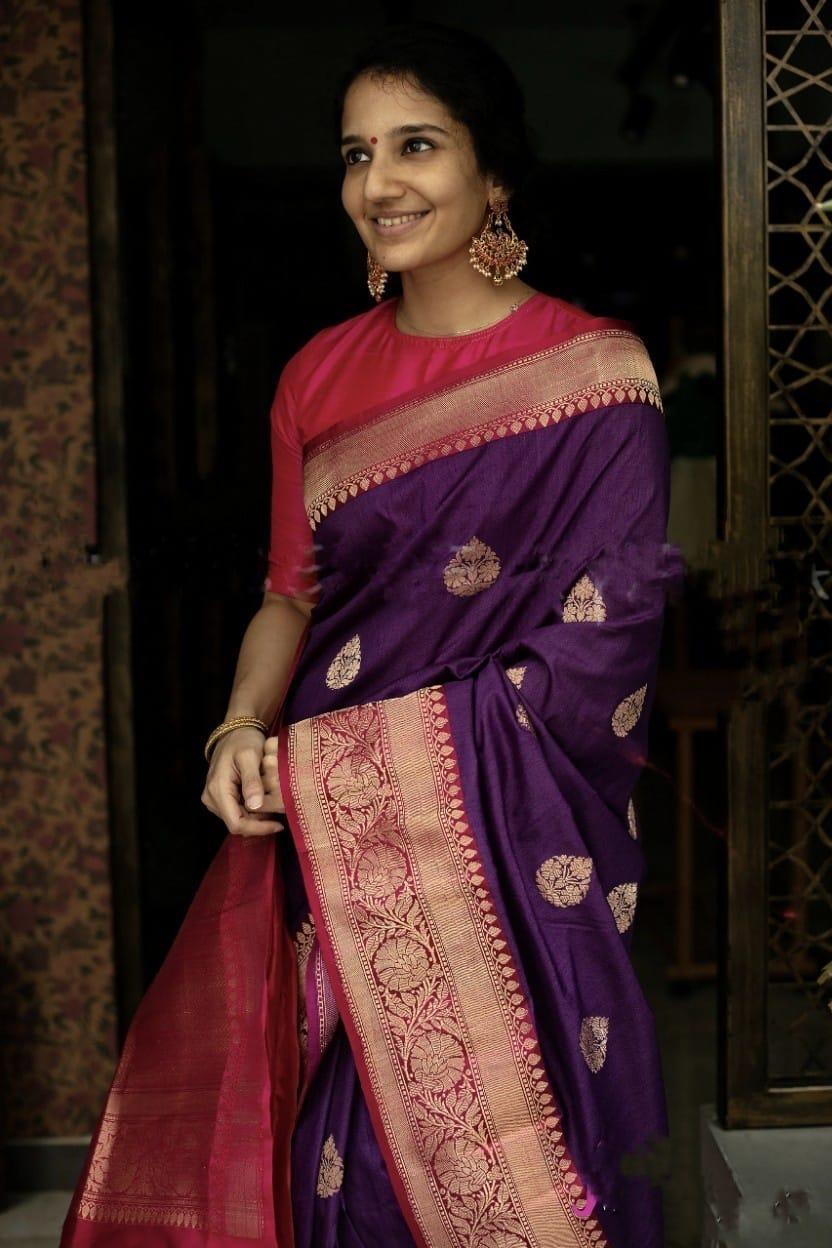 NOZ2TOZ Jacquard Lichi Silk Purple Saree With Unstitched Blouse Piece - Distacart
