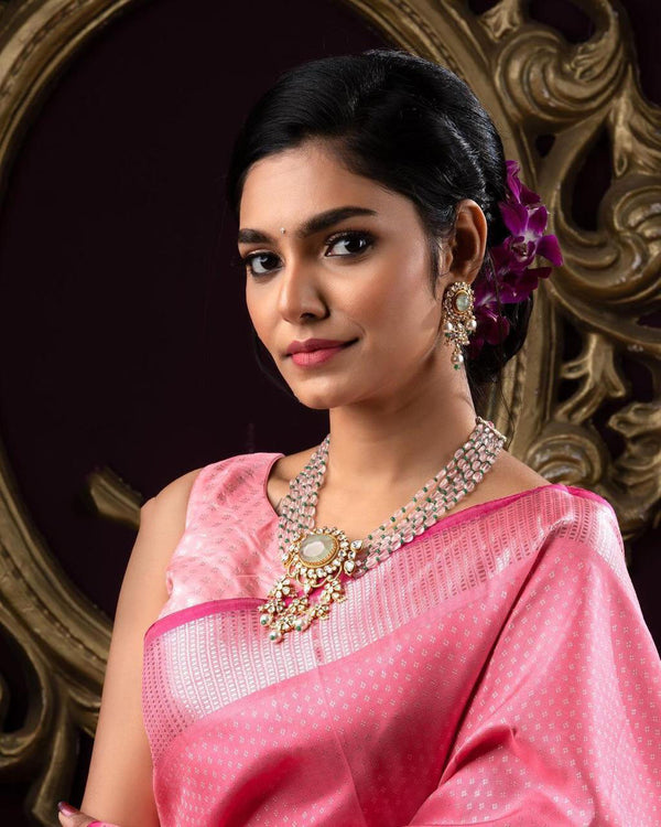 Malishka Jacquard Lichi Silk Pink Saree With Unstitched Blouse Piece - Distacart