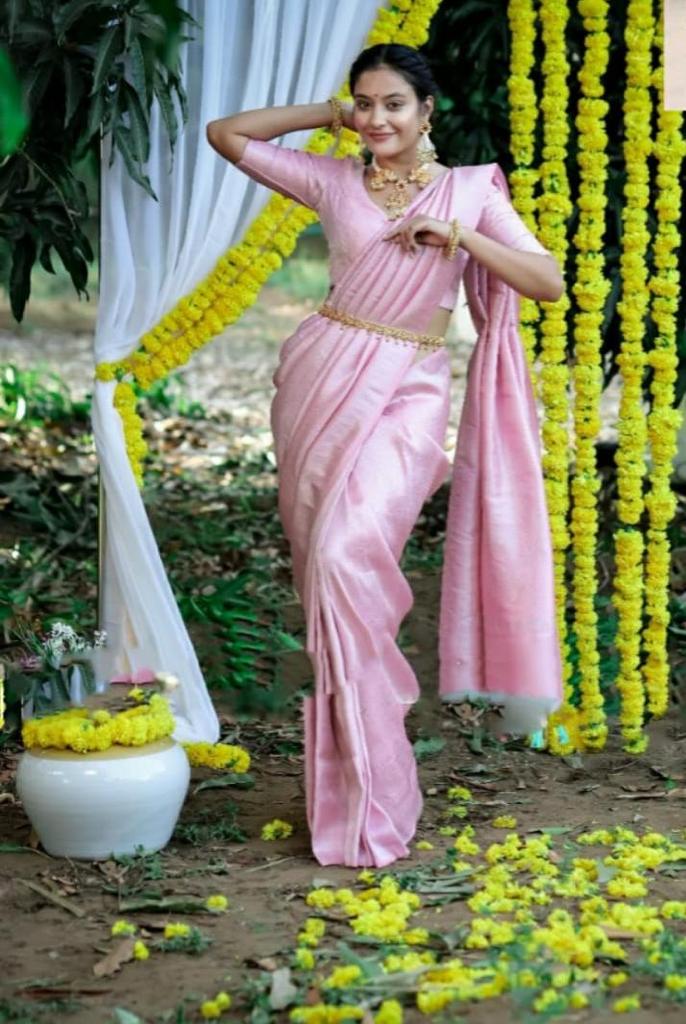 NOZ2TOZ Jacquard Lichi Silk Pink Saree With Unstitched Blouse Piece - Distacart