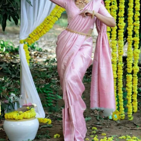 NOZ2TOZ Jacquard Lichi Silk Pink Saree With Unstitched Blouse Piece - Distacart