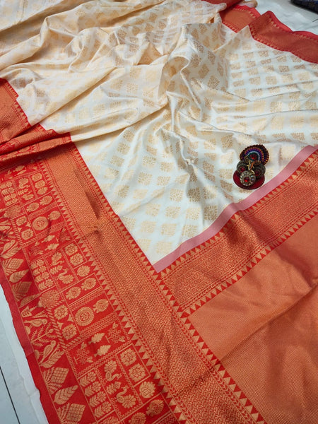 NOZ2TOZ Jacquard Lichi Silk Cream Saree With Unstitched Blouse Piece - Distacart
