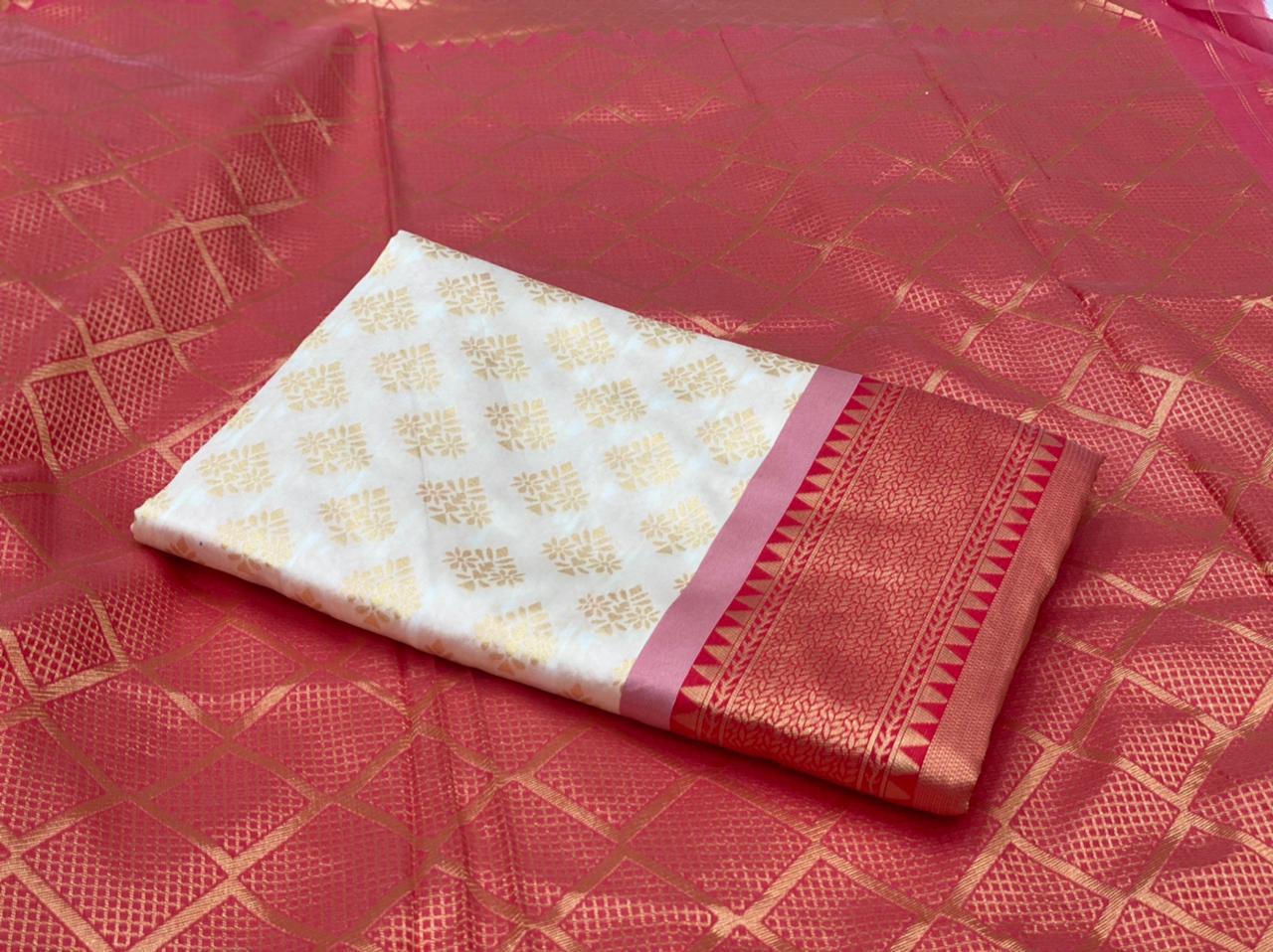 NOZ2TOZ Jacquard Lichi Silk Cream Saree With Unstitched Blouse Piece - Distacart