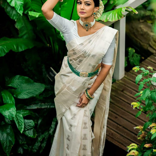 NOZ2TOZ Jacquard Lichi Silk White Saree With Unstitched Blouse Piece - Distacart