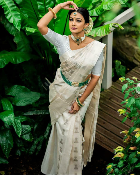 NOZ2TOZ Jacquard Lichi Silk White Saree With Unstitched Blouse Piece - Distacart