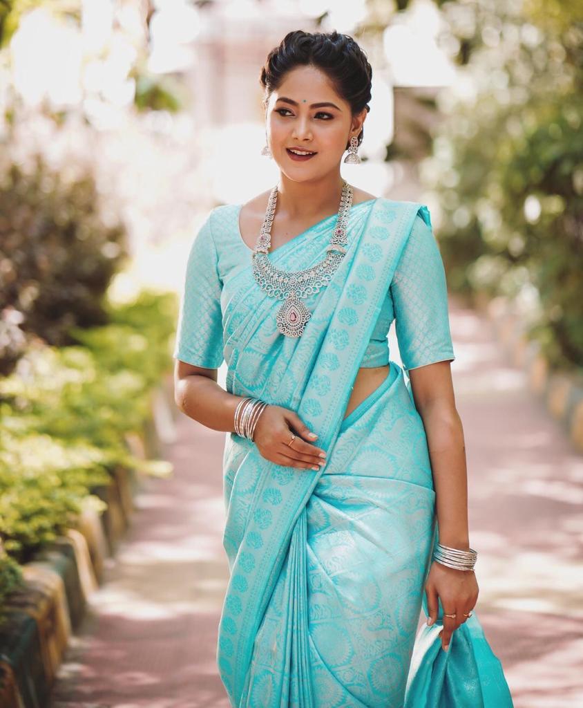 NOZ2TOZ Jacquard Lichi Silk Sky Blue Saree With Unstitched Blouse Piece - Distacart