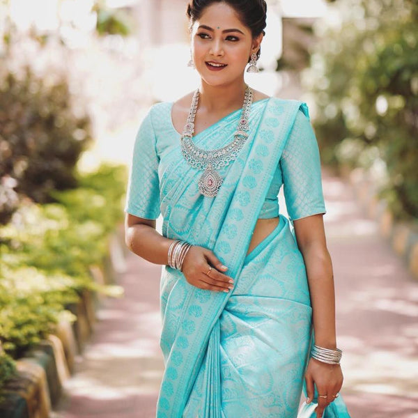 NOZ2TOZ Jacquard Lichi Silk Sky Blue Saree With Unstitched Blouse Piece - Distacart