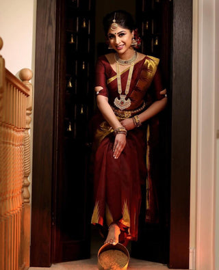 Malishka Jacquard Lichi Silk Maroon Saree With Unstitched Blouse Piece - Distacart