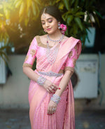 Thumbnail for Malishka Jacquard Lichi Silk Pink Saree With Unstitched Blouse Piece - Distacart