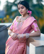 Thumbnail for Malishka Jacquard Lichi Silk Pink Saree With Unstitched Blouse Piece - Distacart