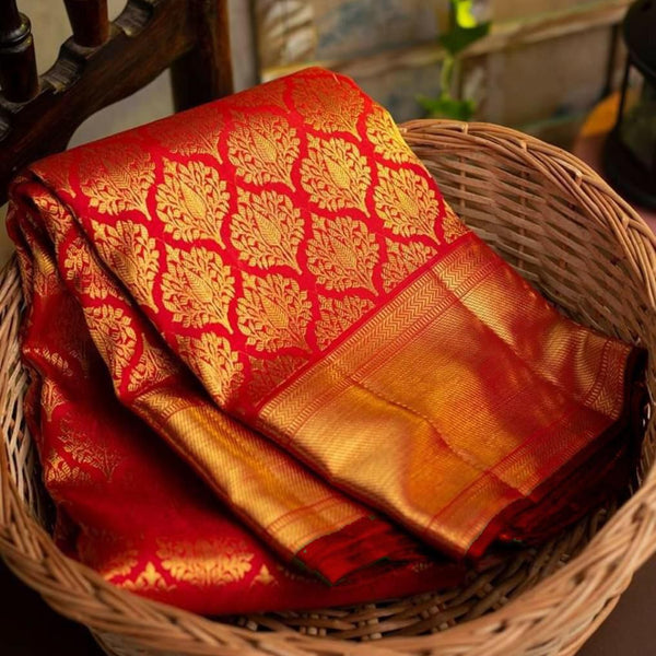 NOZ2TOZ Jacquard Lichi Silk Red Saree With Unstitched Blouse Piece - Distacart