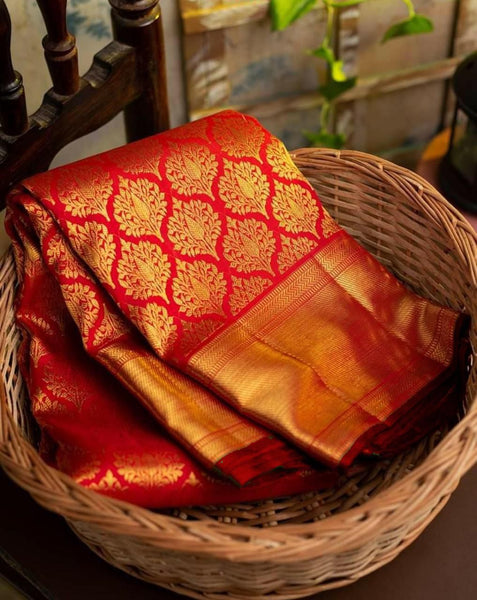 NOZ2TOZ Jacquard Lichi Silk Red Saree With Unstitched Blouse Piece - Distacart