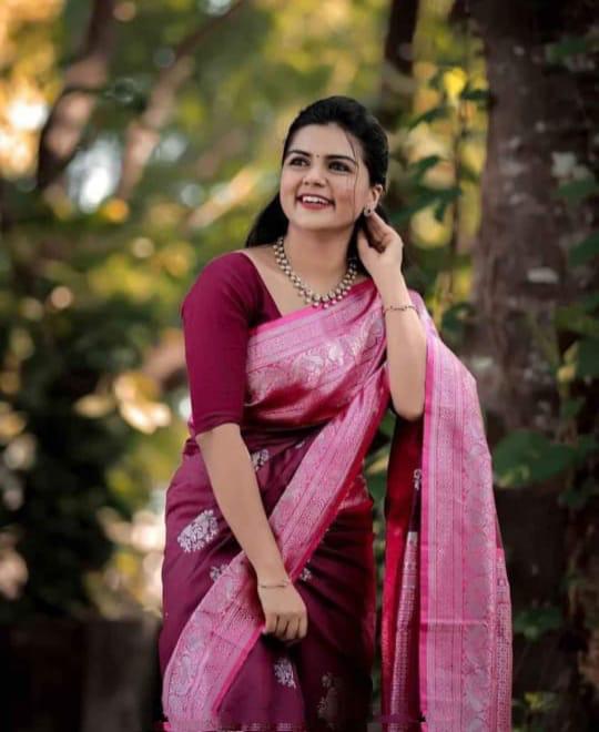 NOZ2TOZ Jacquard Lichi Silk Wine Saree With Unstitched Blouse Piece - Distacart