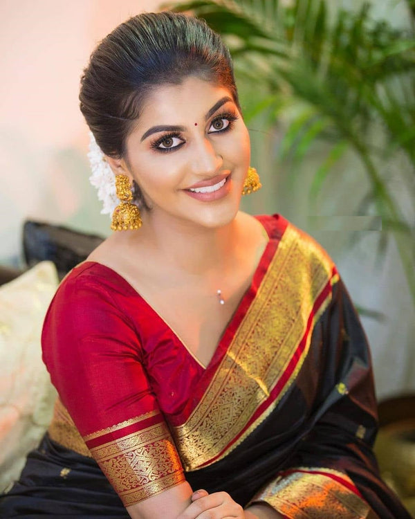 NOZ2TOZ Jacquard Lichi Silk Black Saree With Unstitched Blouse Piece - Distacart