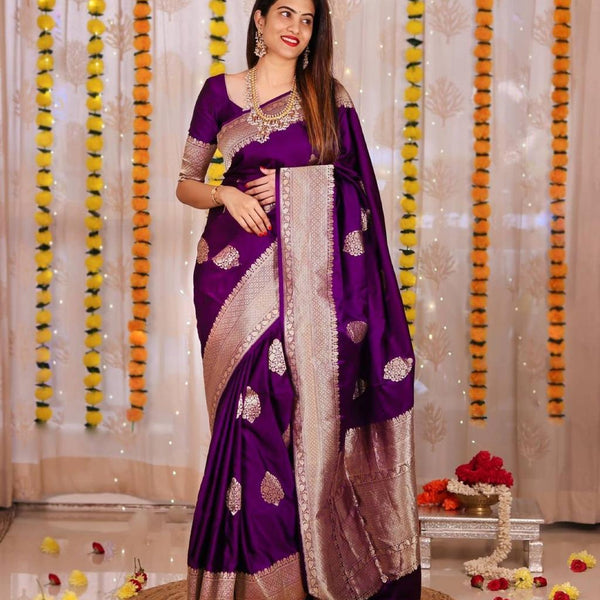 NOZ2TOZ Jacquard Lichi Silk Purple Saree With Unstitched Blouse Piece - Distacart