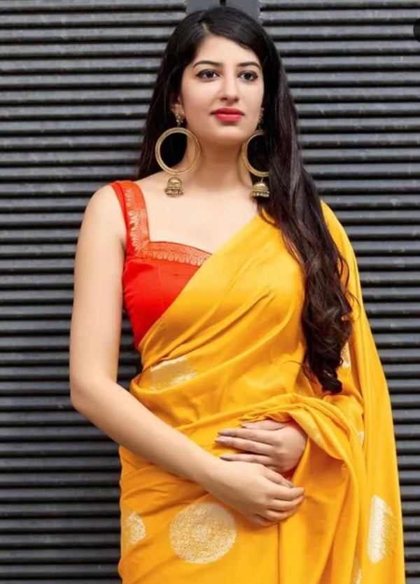 NOZ2TOZ Jacquard Lichi Silk Yellow Saree With Unstitched Blouse Piece - Distacart