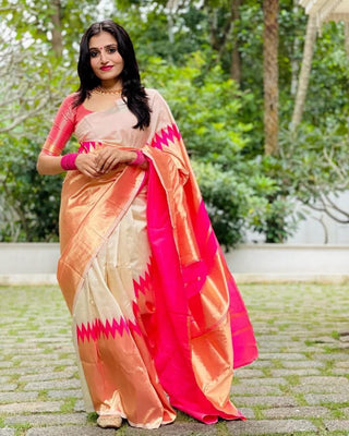 NOZ2TOZ Jacquard Lichi Silk Cream Saree With Unstitched Blouse Piece - Distacart