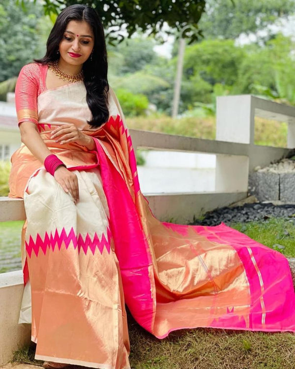NOZ2TOZ Jacquard Lichi Silk Cream Saree With Unstitched Blouse Piece - Distacart