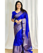 Thumbnail for Malishka Jacquard Lichi Silk Blue Saree With Unstitched Blouse Piece - Distacart