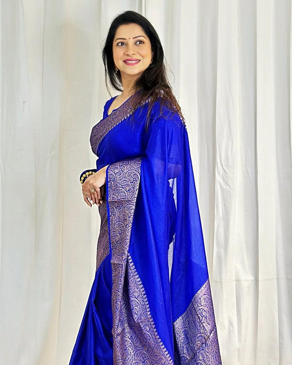 Malishka Jacquard Lichi Silk Blue Saree With Unstitched Blouse Piece - Distacart