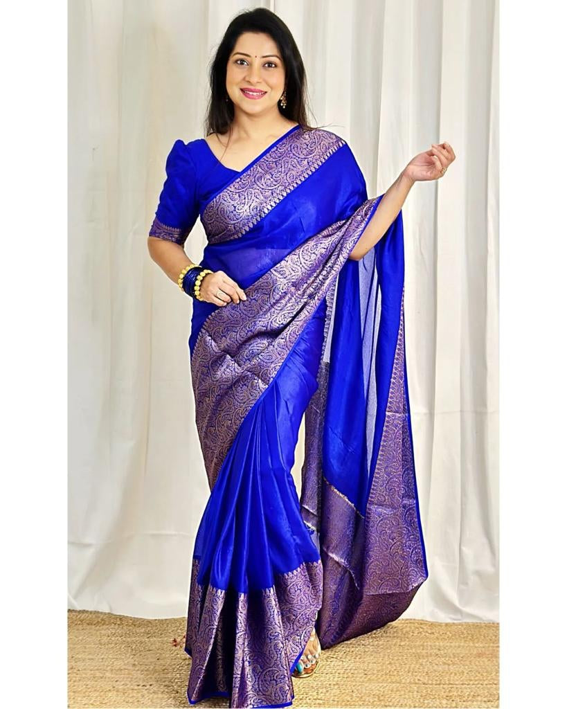 Malishka Jacquard Lichi Silk Blue Saree With Unstitched Blouse Piece - Distacart