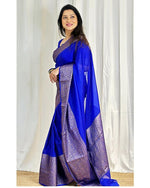 Thumbnail for Malishka Jacquard Lichi Silk Blue Saree With Unstitched Blouse Piece - Distacart