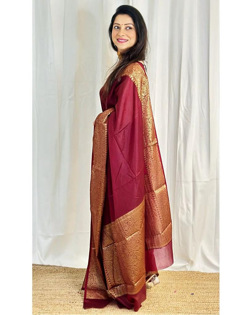 NOZ2TOZ Jacquard Lichi Silk Maroon Saree With Unstitched Blouse Piece - Distacart