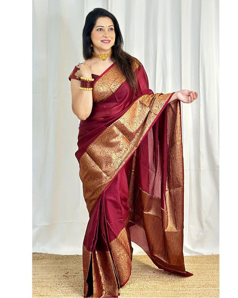 NOZ2TOZ Jacquard Lichi Silk Maroon Saree With Unstitched Blouse Piece - Distacart