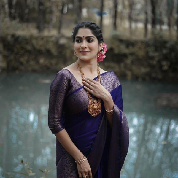 NOZ2TOZ Jacquard Lichi Silk Navy Blue Saree With Unstitched Blouse Piece - Distacart