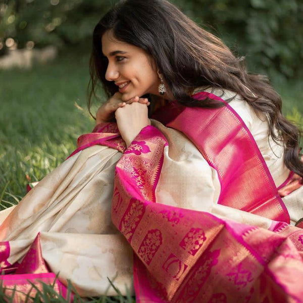 NOZ2TOZ Jacquard Lichi Silk White Saree With Unstitched Blouse Piece - Distacart