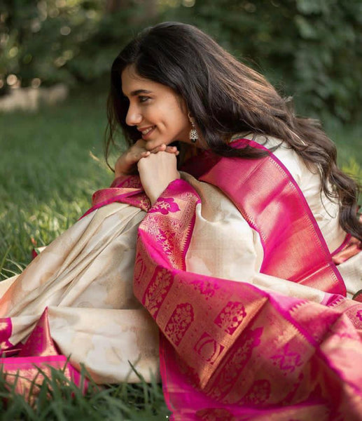 NOZ2TOZ Jacquard Lichi Silk White Saree With Unstitched Blouse Piece - Distacart