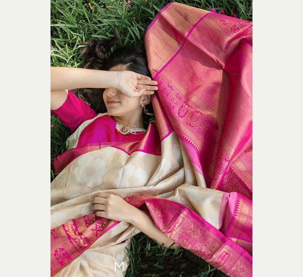 NOZ2TOZ Jacquard Lichi Silk White Saree With Unstitched Blouse Piece - Distacart