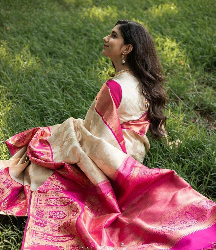 NOZ2TOZ Jacquard Lichi Silk White Saree With Unstitched Blouse Piece - Distacart
