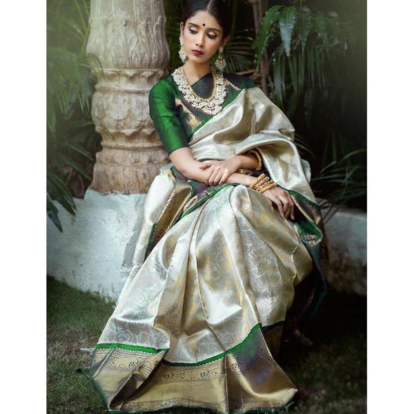 NOZ2TOZ Jacquard Lichi Silk Cream Saree With Unstitched Blouse Piece - Distacart