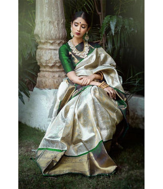 NOZ2TOZ Jacquard Lichi Silk Cream Saree With Unstitched Blouse Piece - Distacart