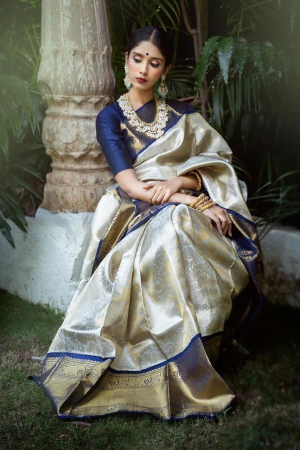 NOZ2TOZ Jacquard Lichi Silk Cream Saree With Unstitched Blouse Piece - Distacart