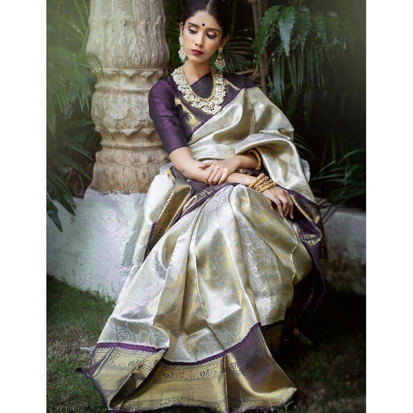 NOZ2TOZ Jacquard Lichi Silk Cream Saree With Unstitched Blouse Piece - Distacart