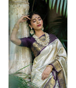 Thumbnail for NOZ2TOZ Jacquard Lichi Silk Cream Saree With Unstitched Blouse Piece - Distacart