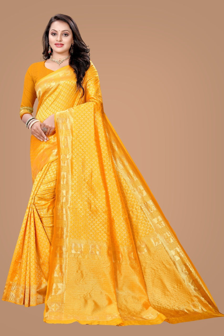 NOZ2TOZ Jacquard Lichi Silk Yellow Saree With Unstitched Blouse Piece - Distacart