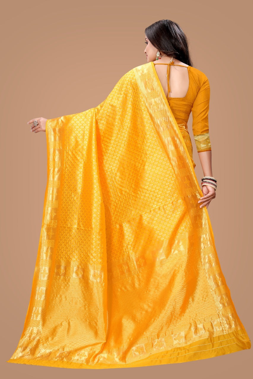 NOZ2TOZ Jacquard Lichi Silk Yellow Saree With Unstitched Blouse Piece - Distacart